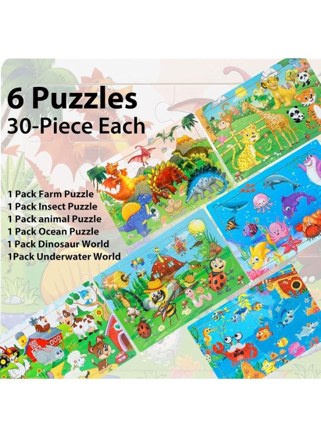 SRLIWHITE 6PCS Set Wooden Jigsaw Puzzles for Kids Ages 3–12, 30 Piece Colorful Preschool Learning Puzzles with Storage Trays, Educational Wooden Toys for Toddlers Boys or Girls (Animals, Dinosaurs, Ocean and More) - Image 5